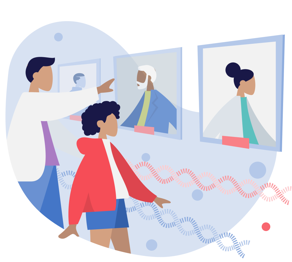 Ilustração representando um adulto e uma criança olhando retratos de cientistas