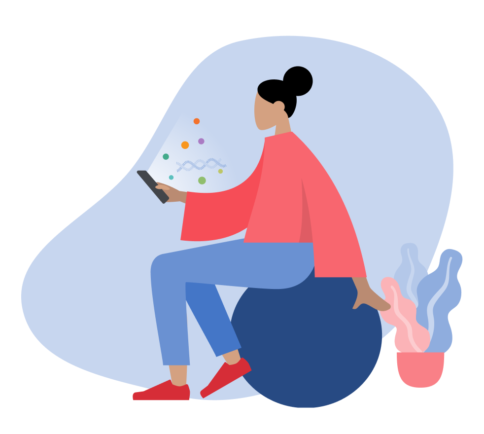 Ilustração representando uma pessoa lendo notícias no celular sentada em uma bola de pilates